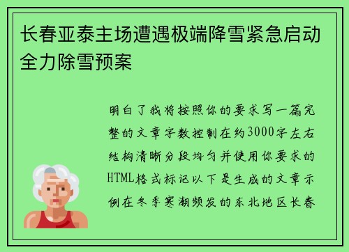 长春亚泰主场遭遇极端降雪紧急启动全力除雪预案